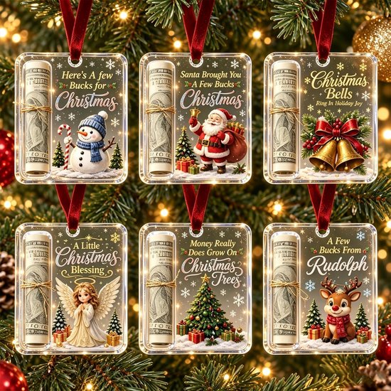 Kerstboomhangers - 6 stuks - Geldhouder - Kerstboomhangende contantcadeautjes - Leuke - Acryl - Ontwerpen van de Kerstman, een sneeuwpop, een engel, een bel, een kerstboom en een rendier - Voor kerstbomen, huis en autodecoraties，Feestdecoratie