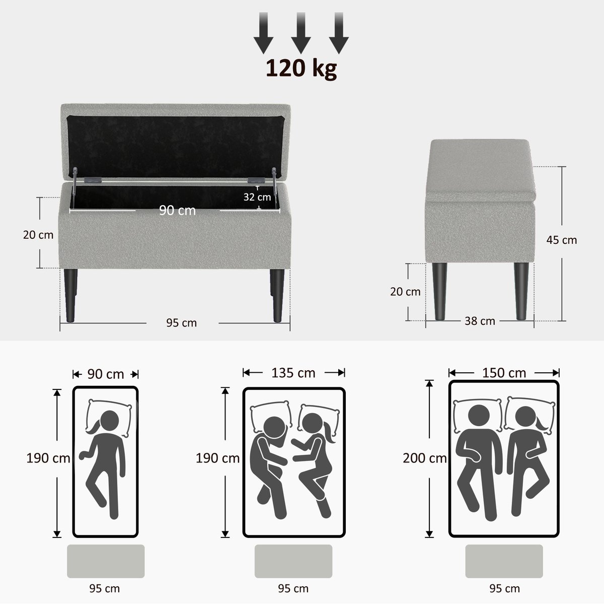 Homona Zitbank met opbergruimte - Gestoffeerd - 95 x 38 x 45 cm - Grijs