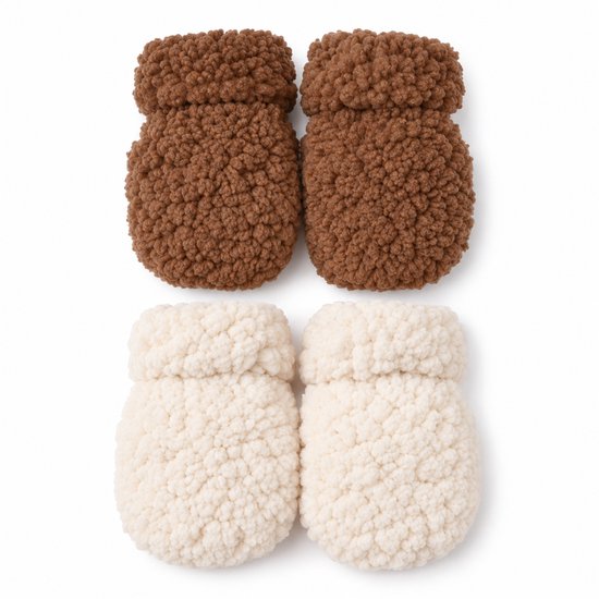 Twee paar baby wantjes, bruin en crème, gemaakt van teddy stof.