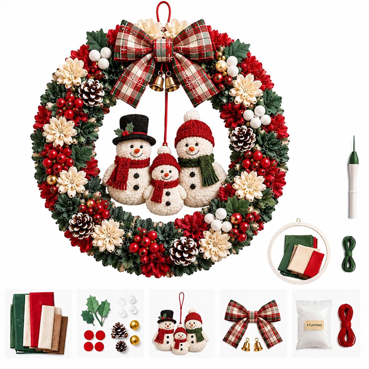 DIY Kerstkrans Pakket met Sneeuwpop - Complete 3D Stoffen Krans Maken Set - met alle Benodigdheden - Kerstkrans Zelf Maken - DIY Handwerkset - Kerstcadeaus - A
