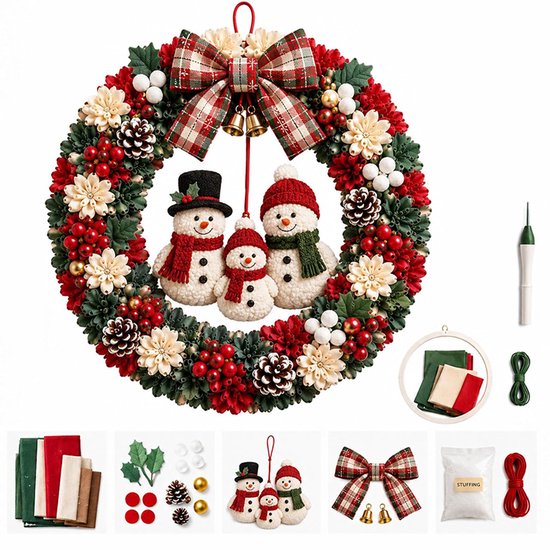 DIY Kerstkrans Pakket met Sneeuwpop - Complete 3D Stoffen Krans Maken Set - met alle Benodigdheden - Kerstkrans Zelf Maken - DIY Handwerkset - Kerstcadeaus - A