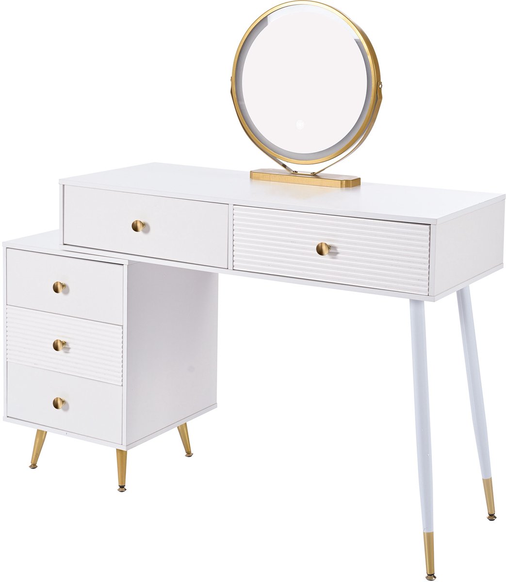 Kaptafel Met Ledspiegel - Witte Make-Uptafel Met Laden En Verstelbare Zijkast - Voor Slaapkamer Of Dressing - MDF Met Metalen Poten