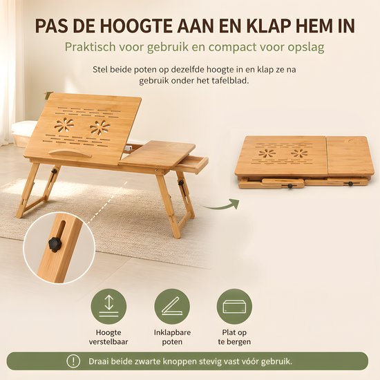 Houten laptoptafel met bloemvormige ventilatieopeningen, verstelbare poten en een lade. Inklapbaar formaat voor opslag.