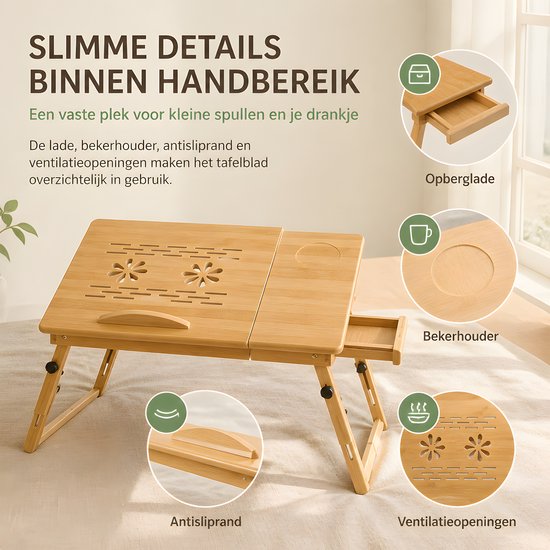 Details van houten laptoptafel: lade, bekerhouder, antislipstrip en ventilatieopeningen met bloemenpatroon.