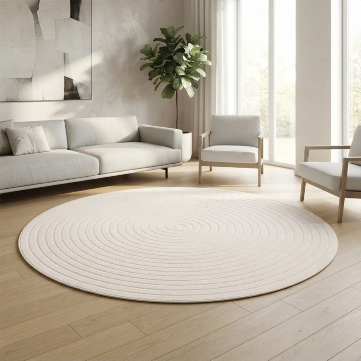 TapisTrend Designer tapijt Crème 160 cm rond Rond buitenkleed met minimalistische concentrische cirkels voor terras, balkon, woonkamer en eetkamer Beige