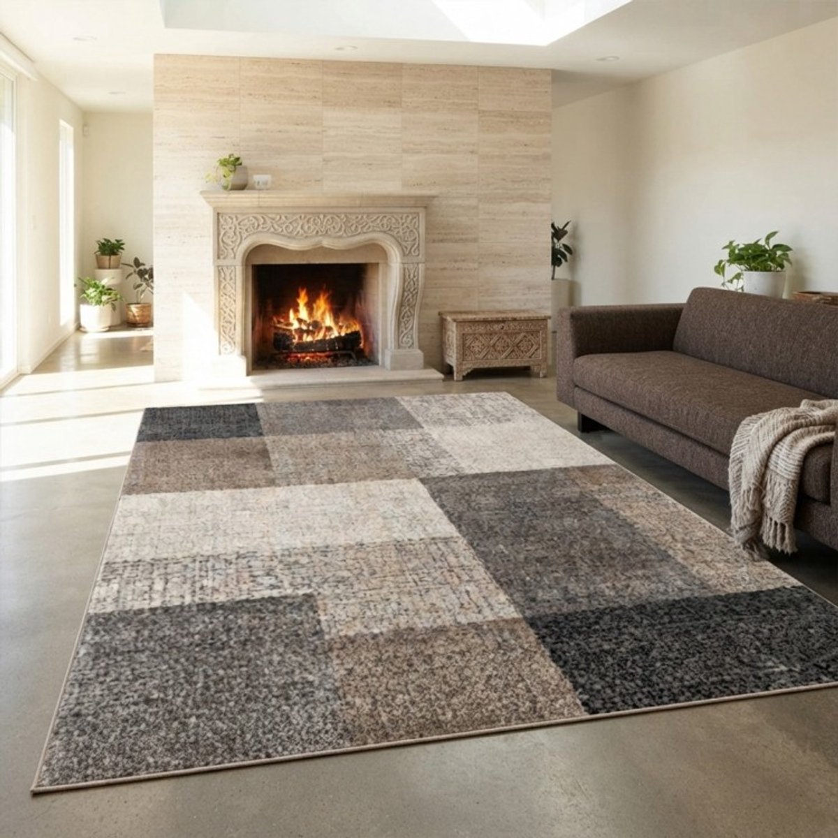 TapisTrend Designer tapijt Beige 160x220 cm Modern vloerkleed met grote rechthoekige blokken en een patchwork-effect voor de woonkamer, slaapkamer en eetkamer