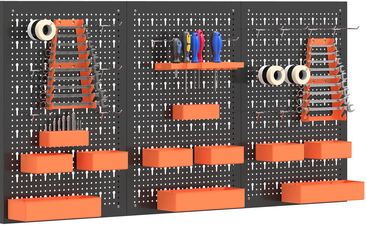 33-delige wandgereedschapsorganizer 120x60 cm met haken, opbergvakken en planken, zwart en oranje