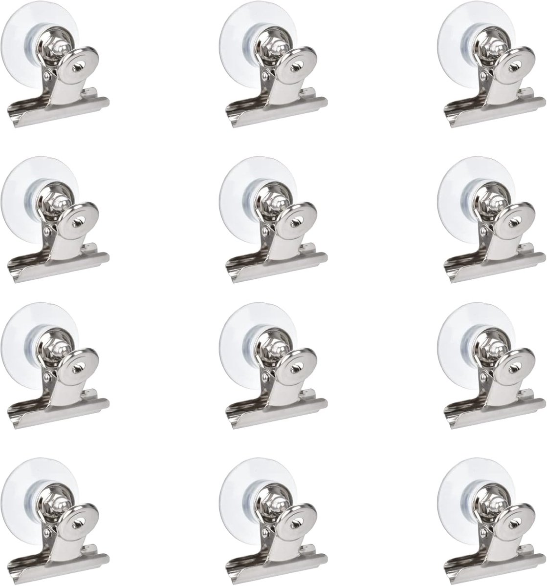 Zuignap Clips - 12 Stuks - 41mm - Wasknijper/bonclip - Herbruikbaar - Multifunctionele Opbergclips Met Zuigna - Geschikt voor gebruik thuis, op kantoor en onder de douche - Zilver