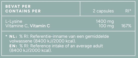 Voedingswaardetabel met 'BEVAT PER CONTAINS PER 2 capsules RI*', 'L-Lysine 1400 mg', 'Vitamine C, Vitamin C 100 mg 167%'.