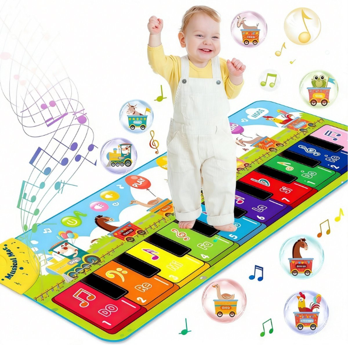 Muziekmat - Sensorisch speelgoed voor baby's - Dansmat - Pianomat - Speelmat - Dierentrein - Een speelgoedcadeau voor kinderen - 1 jaar - 2 jaar - 3 jaar - 4 jaar – 5 jaar – 6 jaar - Voor Kinderen - 110x36 cm - Met dierengeluiden en 10 pianotoetsen