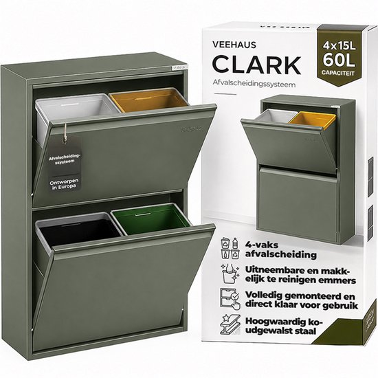 Grijze Veehaus Clark afvalscheidingssysteem met 4 compartimenten, 60 liter capaciteit. Met gele, witte, zwarte en groene emmers.