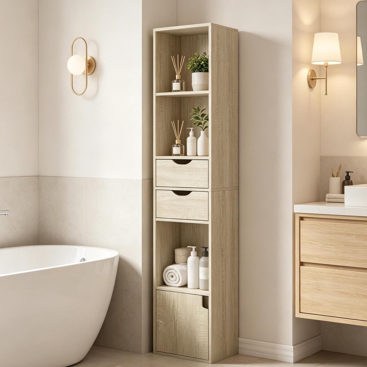REDOM Boekenkast - 3 open vakken en 2 lades - Kast met deur - Verstelbare bovenste vakken - Hout met melaminefineer - Licht eiken - 30 x 24 x 157,5 cm