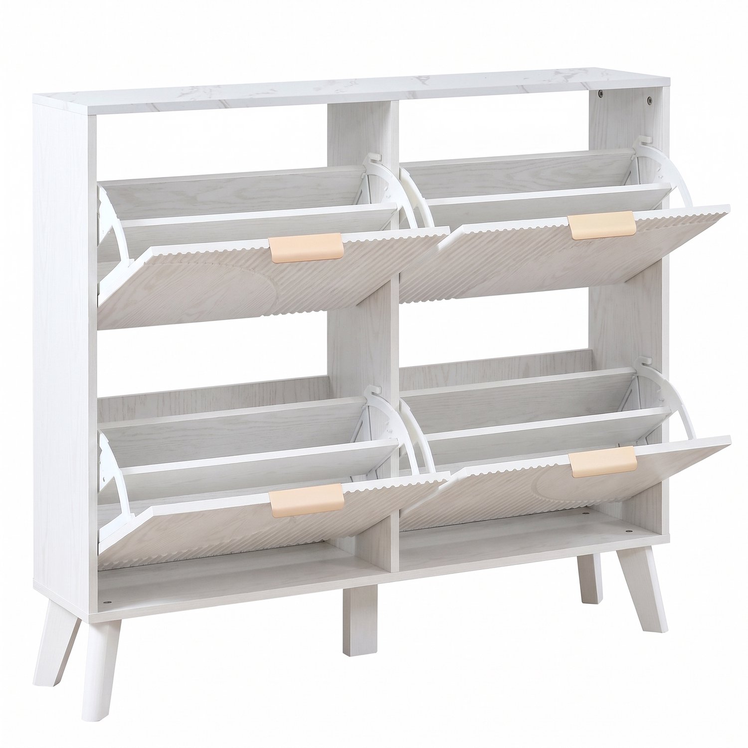 Ropilly Schoenenkast met vier klepdeuren - 105 x 24 x 95,5 cm - Legplanken en marmerlook bovenblad - MDF met handgrepen van zinklegering - Voor hal of slaapkamer Wit