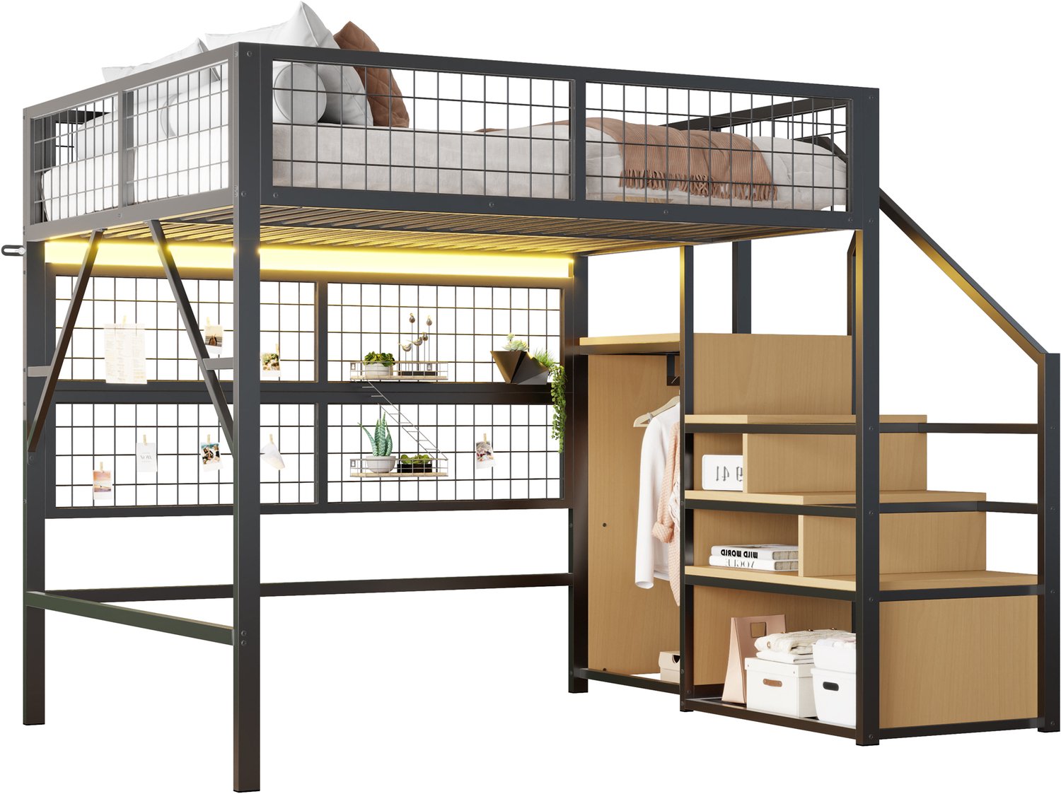 MUVANO Zwarte metalen hoogslaper 140x200 - Verhoogd bed met opbergtrap en open kledingkast - Ledverlichting via app - Gaasomranding - Voor studentenkamer