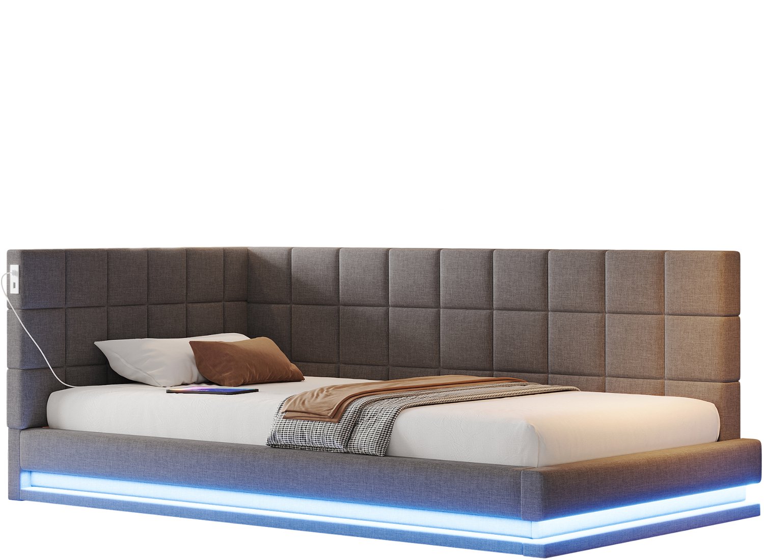 MUVANO Slaapbank 90x200 - grijs gestoffeerd eenpersoonsbed - linnen bekleding - LED-verlichting en USB-aansluiting - lattenbodem voor slapen