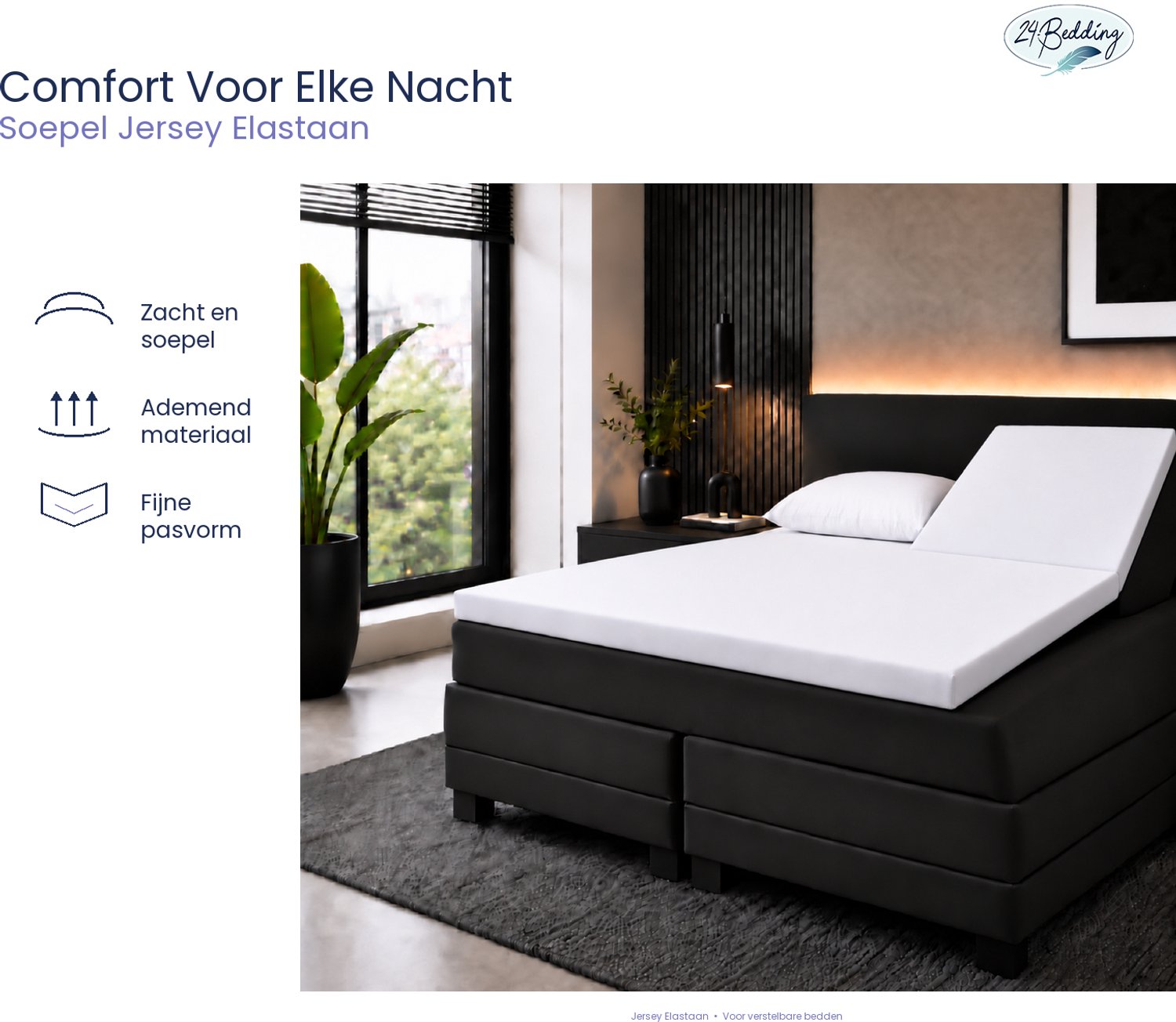 24-Bedding Jersey Splittopper Hoeslaken - Extra zacht - 97% katoen - 3% Elastaan - 200x200 cm - Wit - 5 t/m 15 cm hoogte.