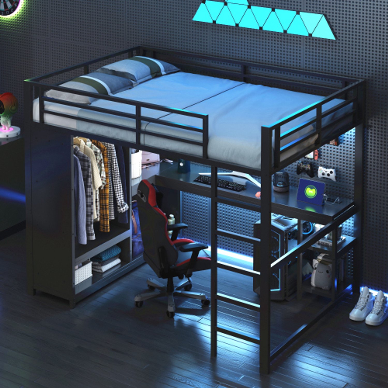 Zubaliya Kinderbed, Tweepersoonsbed, 140x200 Metalen gaming-hoogslaper met LED, bureau, open kledingkast en opbergvakken, Zwart