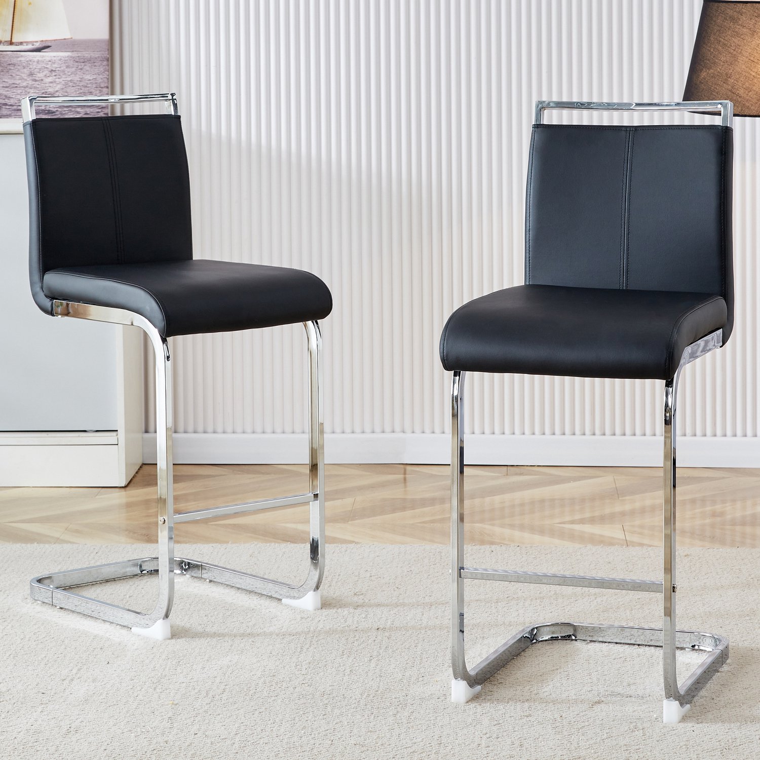 DantefHandels Barkrukken Set van 2, Scandinavische Stijl, Zwart PU-materiaal, Geschikt voor Keuken en Terras, Scandinavisch design, geschikt voor keuken, kookeiland, bartafel en café