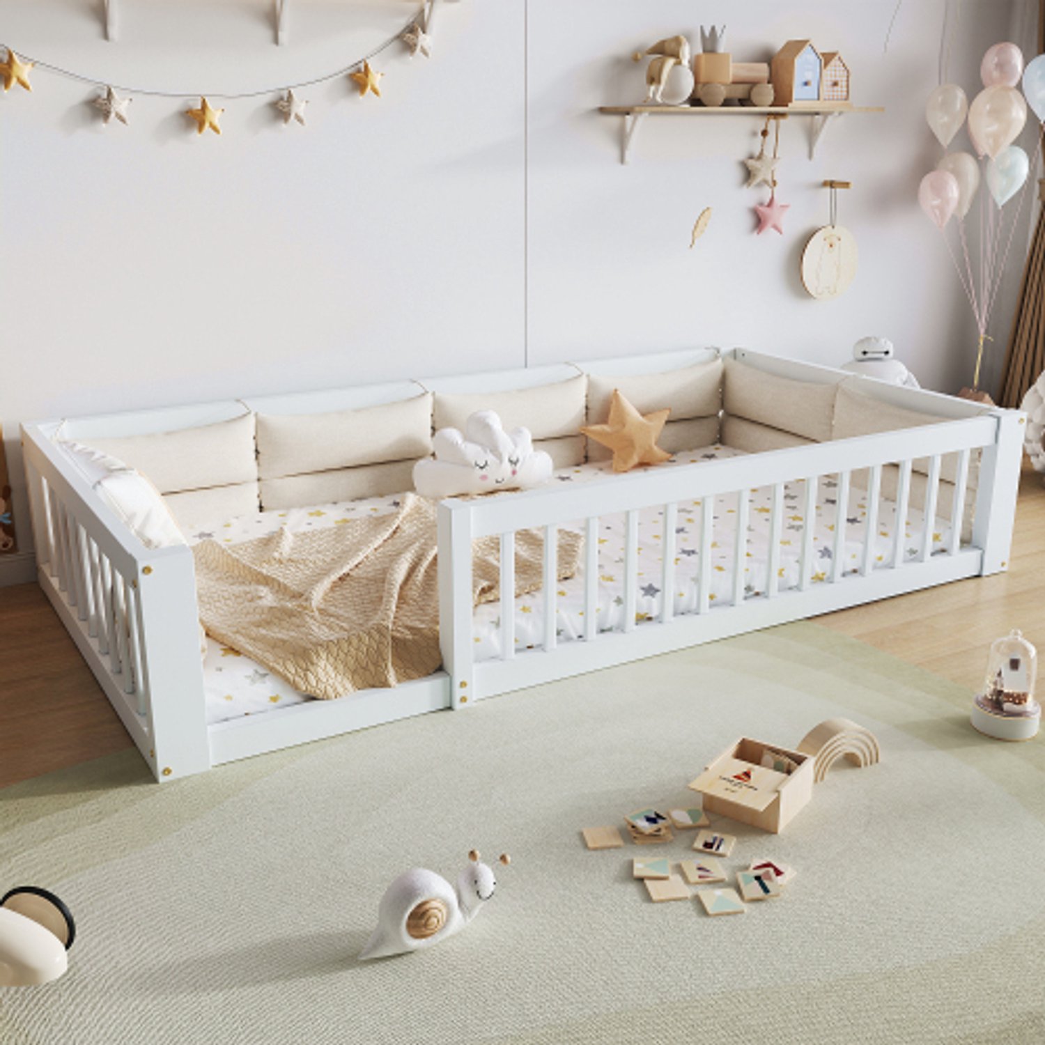 Zubaliya Kinderbed, Eenpersoonsbed, 90x200 Platformbed met zijhek en kussen, Wit