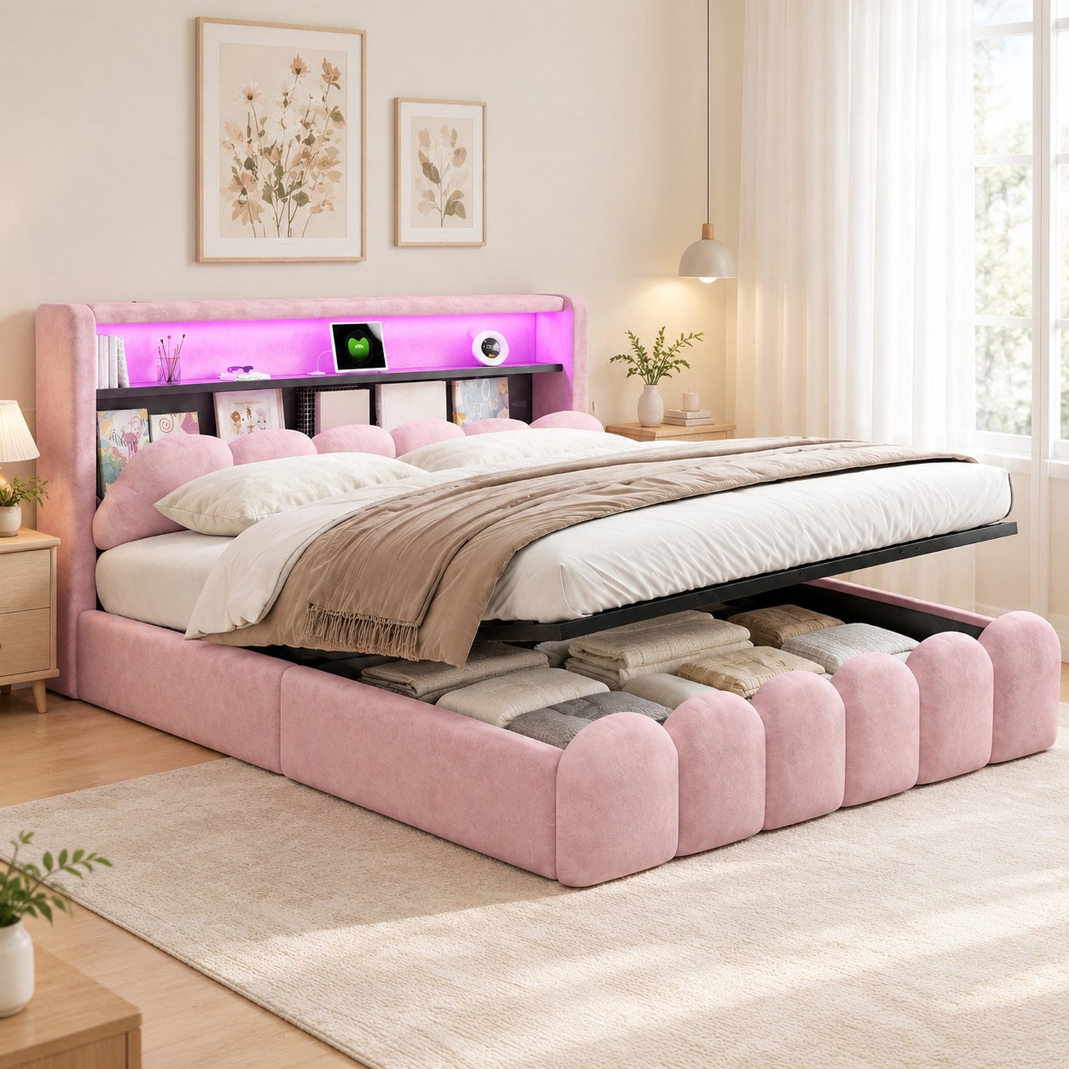 MIVRAY Polsterbed 180x200 Cm Zonder Matras - Tweepersoonsbed Met Usb En Type C Aansluitingen En LED - Met Hydraulische Opbergruimte - Fluweel - Roze Pink