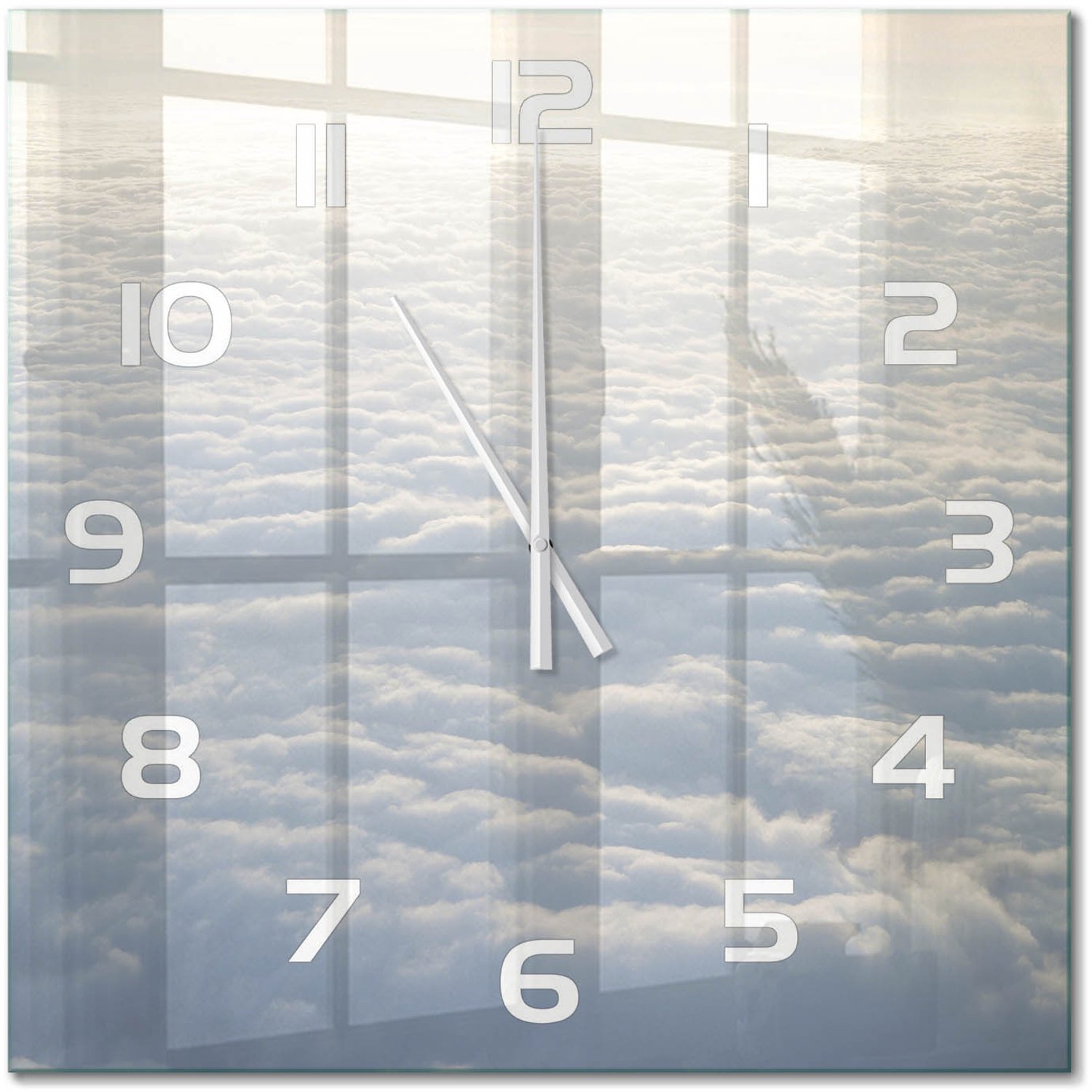 TULUP Wandklok - Vliegen boven de wolken Decoratieve Glazen Klok - 60x60 cm - Wit Glazen Wandklok Design - Witte handen - Vierkante Klok - Glazen Klok Met Print - Wandklok Glas Met Motief
