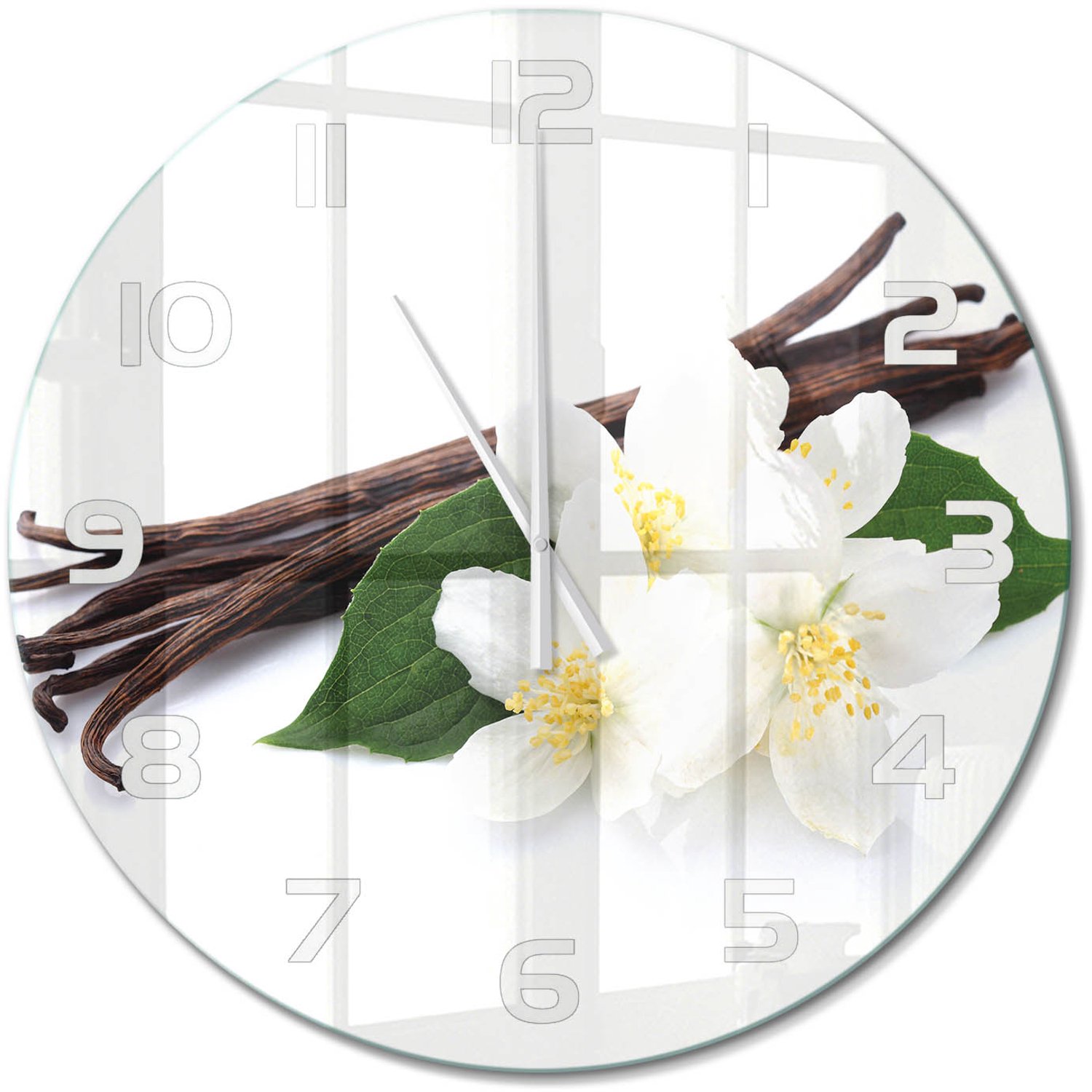 TULUP Wandklok - Jasmijn en vanille Wandklok Glas Decoratie - fi60 cm - Bruin Gekleurde Glazen Klok - Witte handen - Ronde Klok - Klok Glas Met Opdruk - Moderne Wandklok Glas