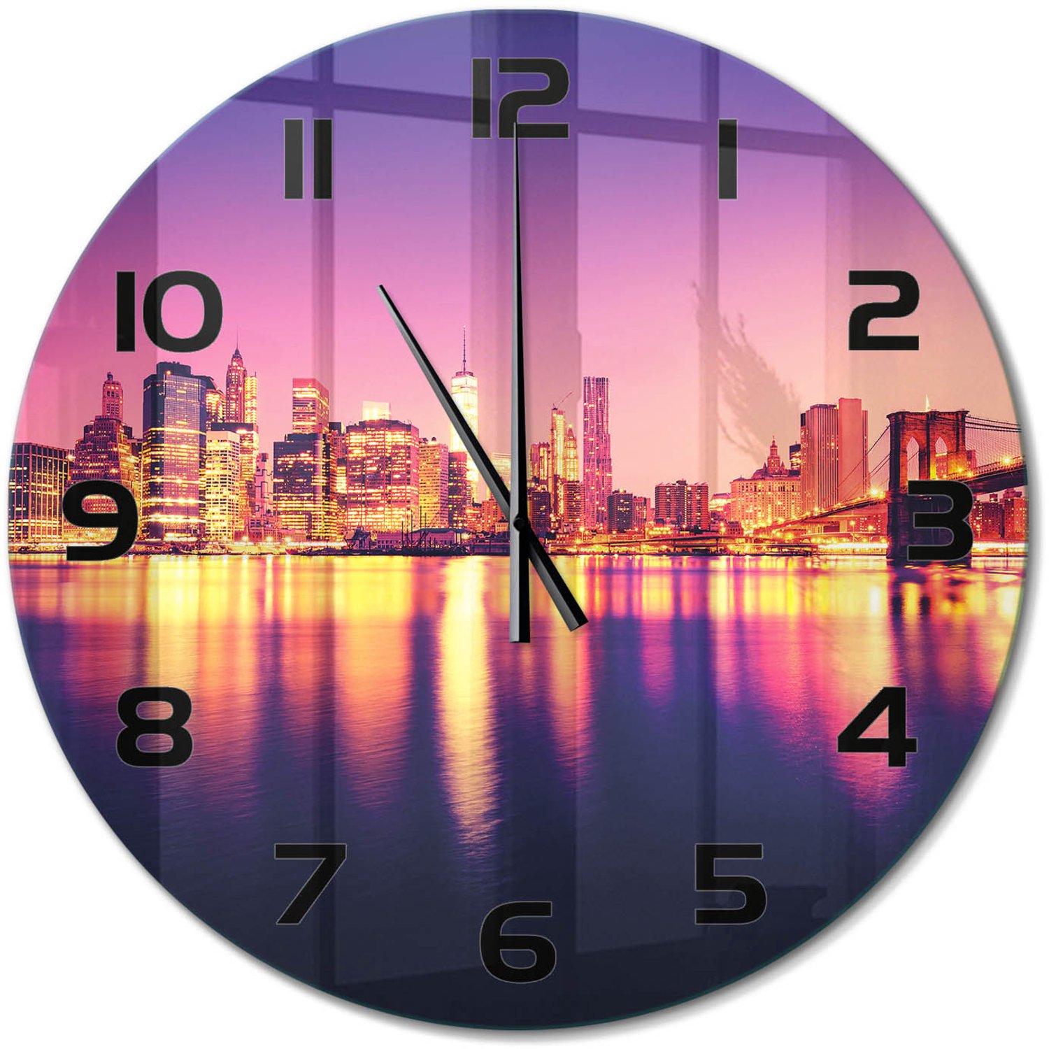TULUP Wandklok - Manhattan, New York Klok Glas Met Opdruk - fi60 cm - Paars Moderne Wandklok Glas - Zwarte handen - Ronde Klok - Decoratieve Glazen Klok - Glazen Wandklok Design