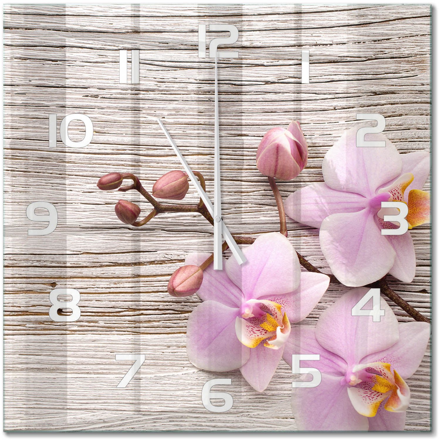 TULUP Wandklok - Orchidee op hout Gekleurde Glazen Klok - 60x60 cm - Beige Glazen Klok Met Print - Witte handen - Vierkante Klok - Moderne Wandklok Glas - Wandklok Glas Decoratie