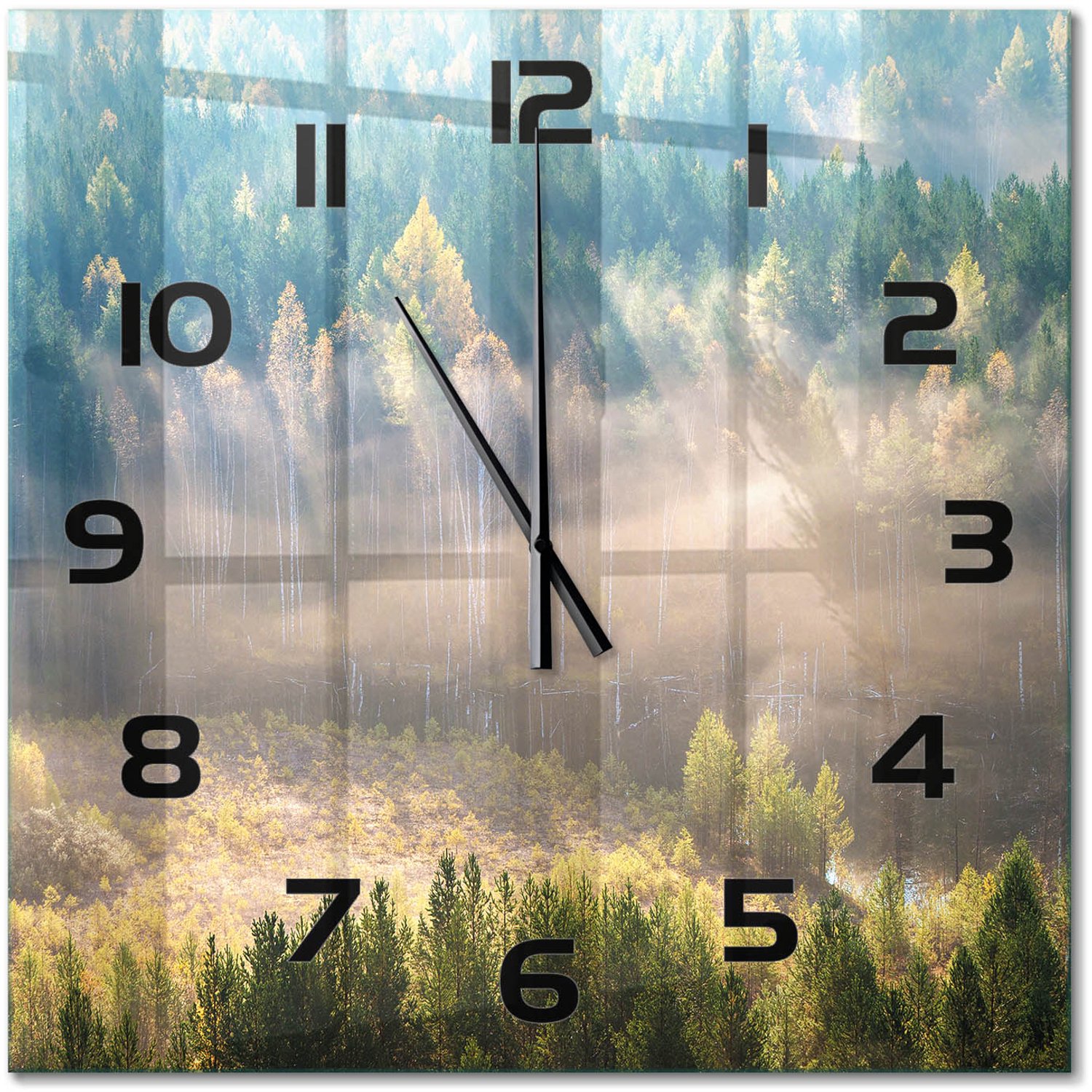 TULUP Wandklok - Mist in het bos Moderne Wandklok Glas - 60x60 cm - Groente Wandklok Glas Decoratie - Zwarte handen - Vierkante Klok - Glazen Wandklok Design - Klok Glas Met Opdruk