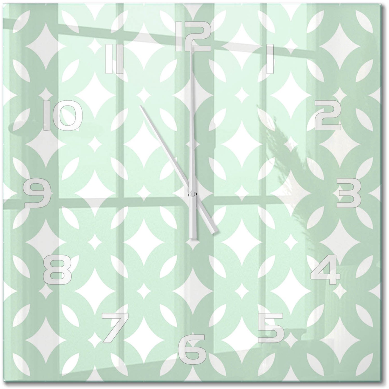TULUP Wandklok - Geometrische achtergrond Glazen Wandklok Design - 60x60 cm - Groente Klok Glas Met Opdruk - Witte handen - Vierkante Klok - Wandklok Glas Met Motief - Decoratieve Glazen Klok