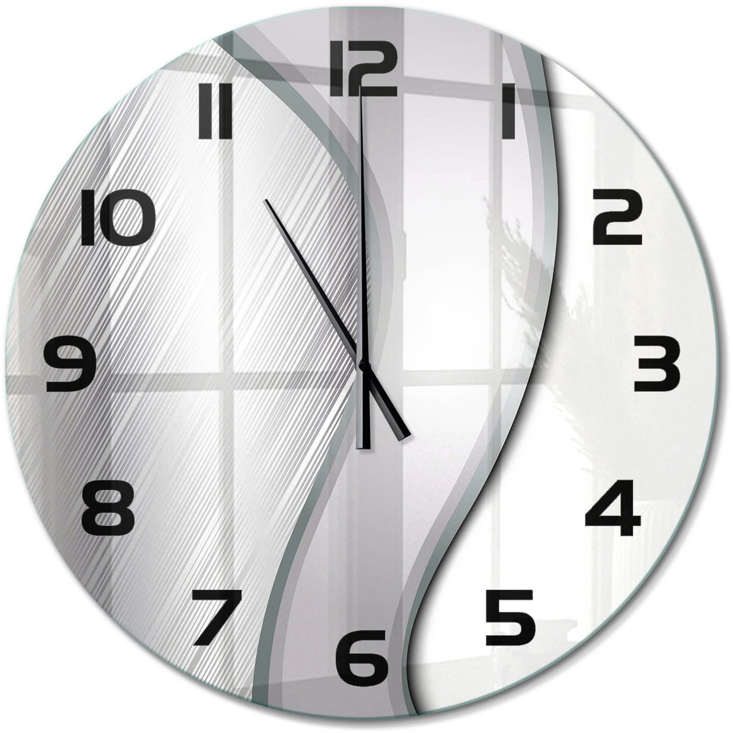 TULUP Wandklok - Metaalabstractie Klok Glas Met Opdruk - fi60 cm - Zilver Moderne Wandklok Glas - Zwarte handen - Ronde Klok - Decoratieve Glazen Klok - Glazen Wandklok Design