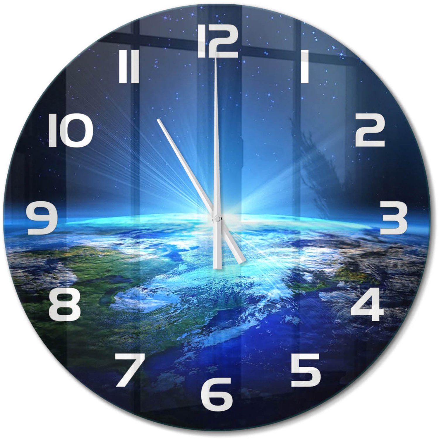 TULUP Wandklok - Planeet Aarde Glazen Wandklok Design - fi60 cm - Blauw Klok Glas Met Opdruk - Witte handen - Ronde Klok - Wandklok Glas Met Motief - Decoratieve Glazen Klok