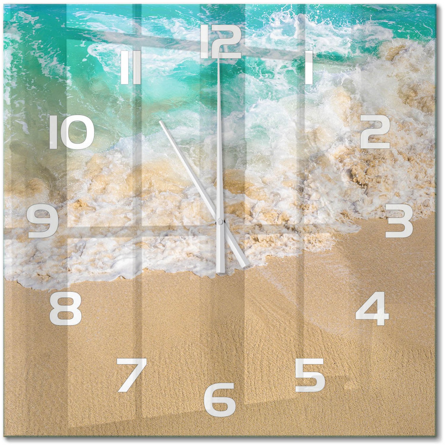 TULUP Wandklok - Strand en zee Wandklok Glas Decoratie - 60x60 cm - Blauw Gekleurde Glazen Klok - Witte handen - Vierkante Klok - Klok Glas Met Opdruk - Moderne Wandklok Glas