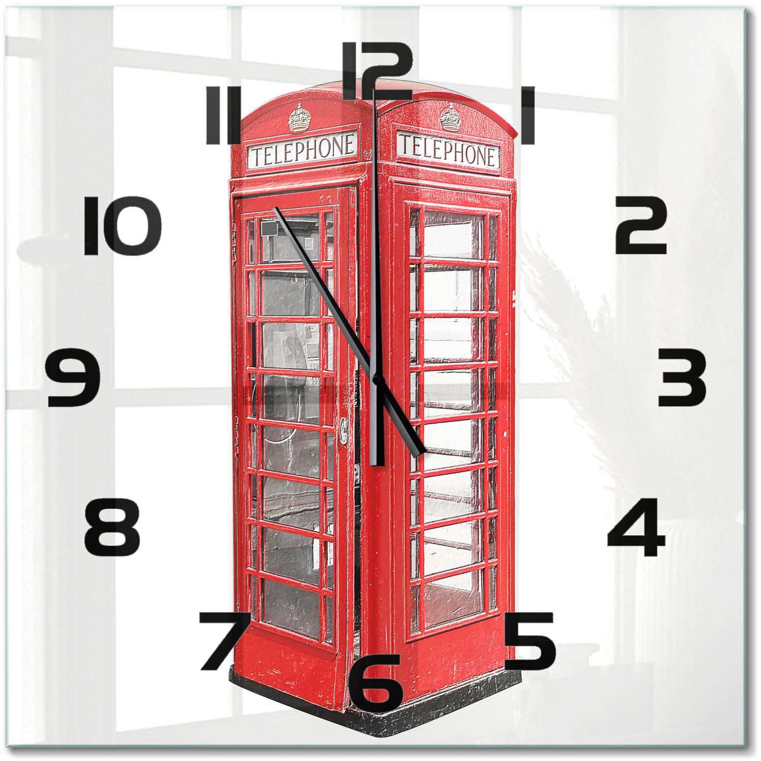 TULUP Wandklok - Openbare telefoon Klok Glas Met Opdruk - 60x60 cm - Rood Moderne Wandklok Glas - Zwarte handen - Vierkante Klok - Decoratieve Glazen Klok - Glazen Wandklok Design