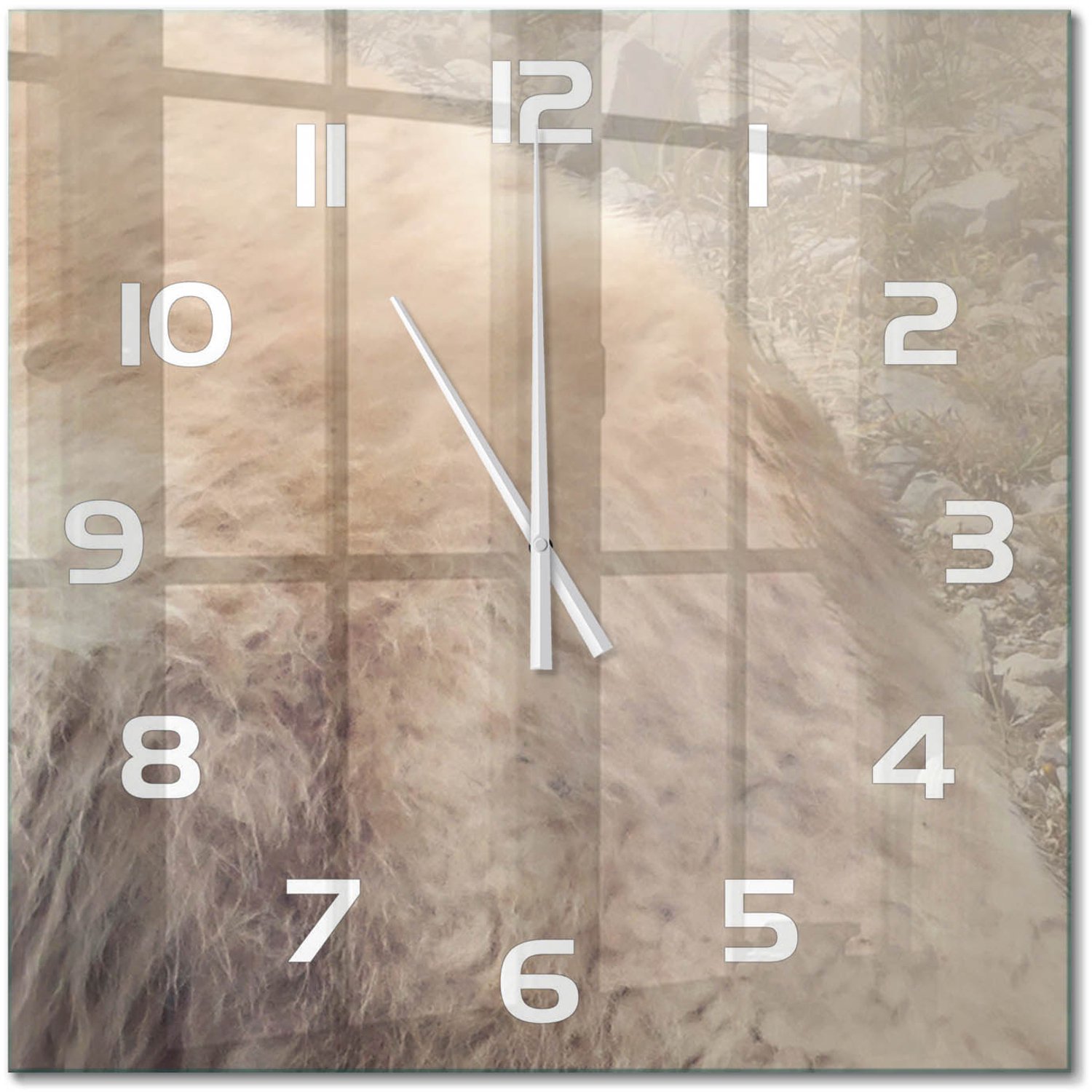 TULUP Wandklok - Witte wolf op de rots Decoratieve Glazen Klok - 60x60 cm - Beige Glazen Wandklok Design - Witte handen - Vierkante Klok - Glazen Klok Met Print - Wandklok Glas Met Motief