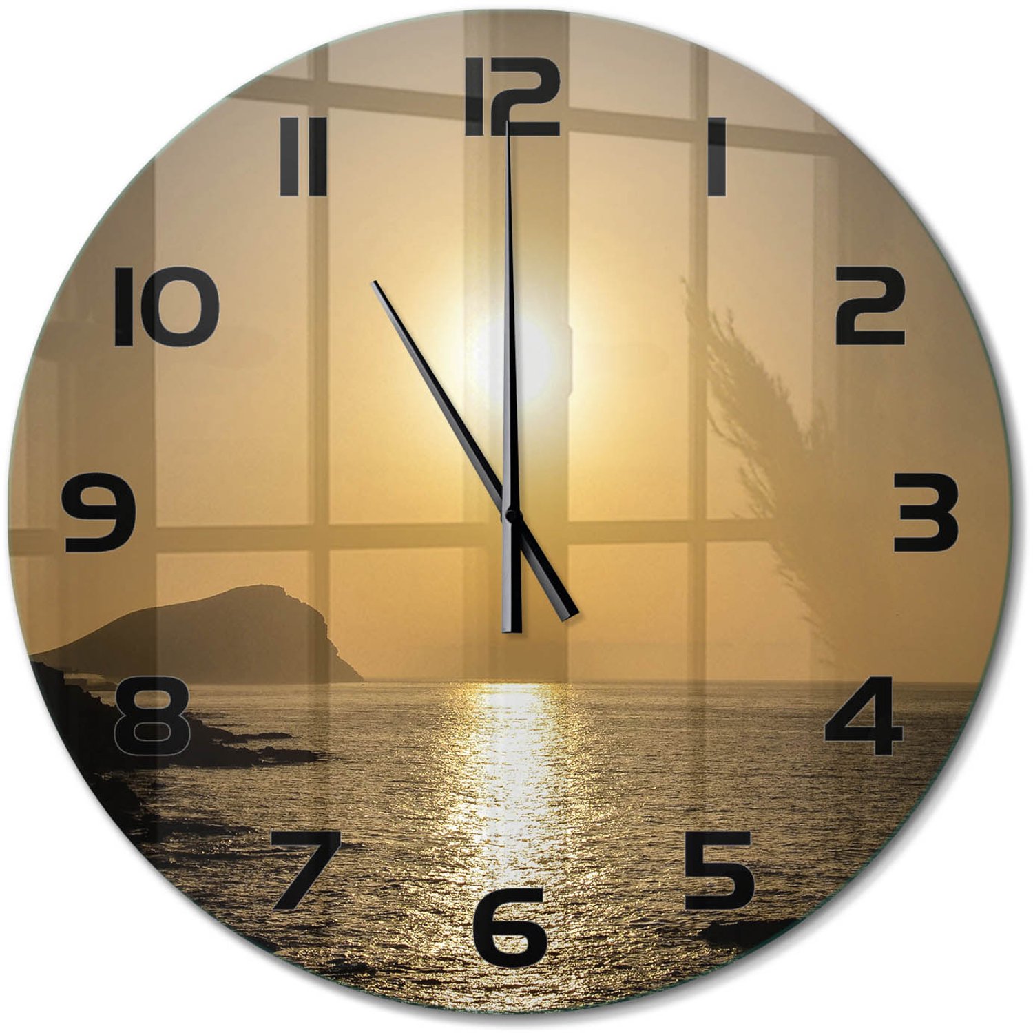 TULUP Wandklok - Zonsondergang Zee Wandklok Glas Met Motief - fi60 cm - Geel Decoratieve Glazen Klok - Zwarte handen - Ronde Klok - Gekleurde Glazen Klok - Glazen Klok Met Print