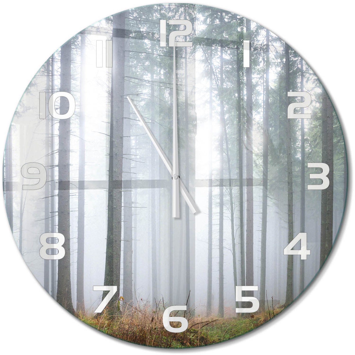 TULUP Wandklok - Mist in het bos Glazen Klok Met Print - fi60 cm - Grijs Wandklok Glas Met Motief - Witte handen - Ronde Klok - Wandklok Glas Decoratie - Gekleurde Glazen Klok