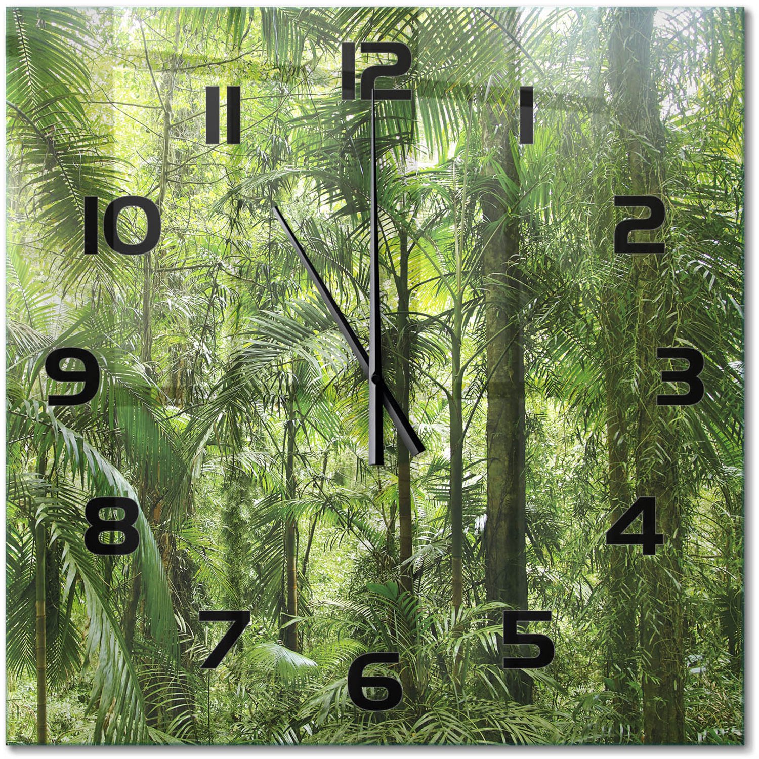 TULUP Wandklok - Tropisch bos Decoratieve Glazen Klok - 60x60 cm - Groente Glazen Wandklok Design - Zwarte handen - Vierkante Klok - Glazen Klok Met Print - Wandklok Glas Met Motief