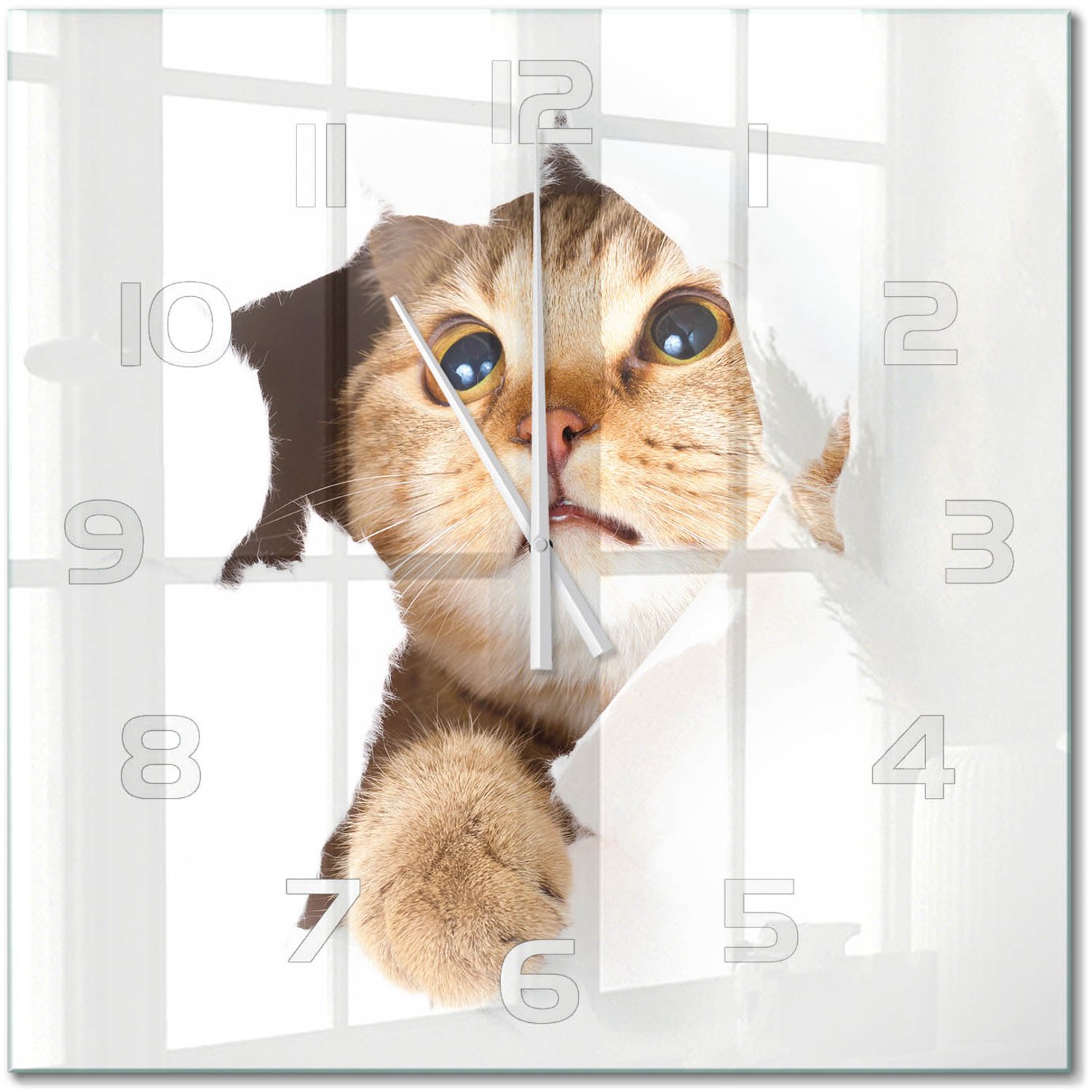 TULUP Wandklok - Kat in het gat Klok Glas Met Opdruk - 60x60 cm - Beige Moderne Wandklok Glas - Witte handen - Vierkante Klok - Decoratieve Glazen Klok - Glazen Wandklok Design