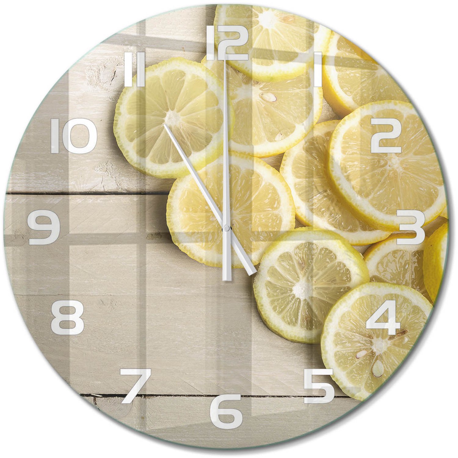 TULUP Wandklok - Citroenhout Wandklok Glas Decoratie - fi60 cm - Geel Gekleurde Glazen Klok - Witte handen - Ronde Klok - Klok Glas Met Opdruk - Moderne Wandklok Glas