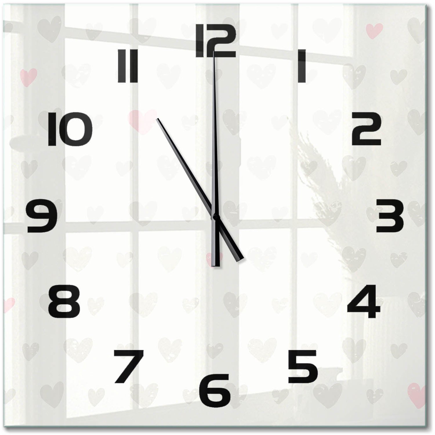 TULUP Wandklok - Hartachtergrond Klok Glas Met Opdruk - 60x60 cm - Grijs Moderne Wandklok Glas - Zwarte handen - Vierkante Klok - Decoratieve Glazen Klok - Glazen Wandklok Design