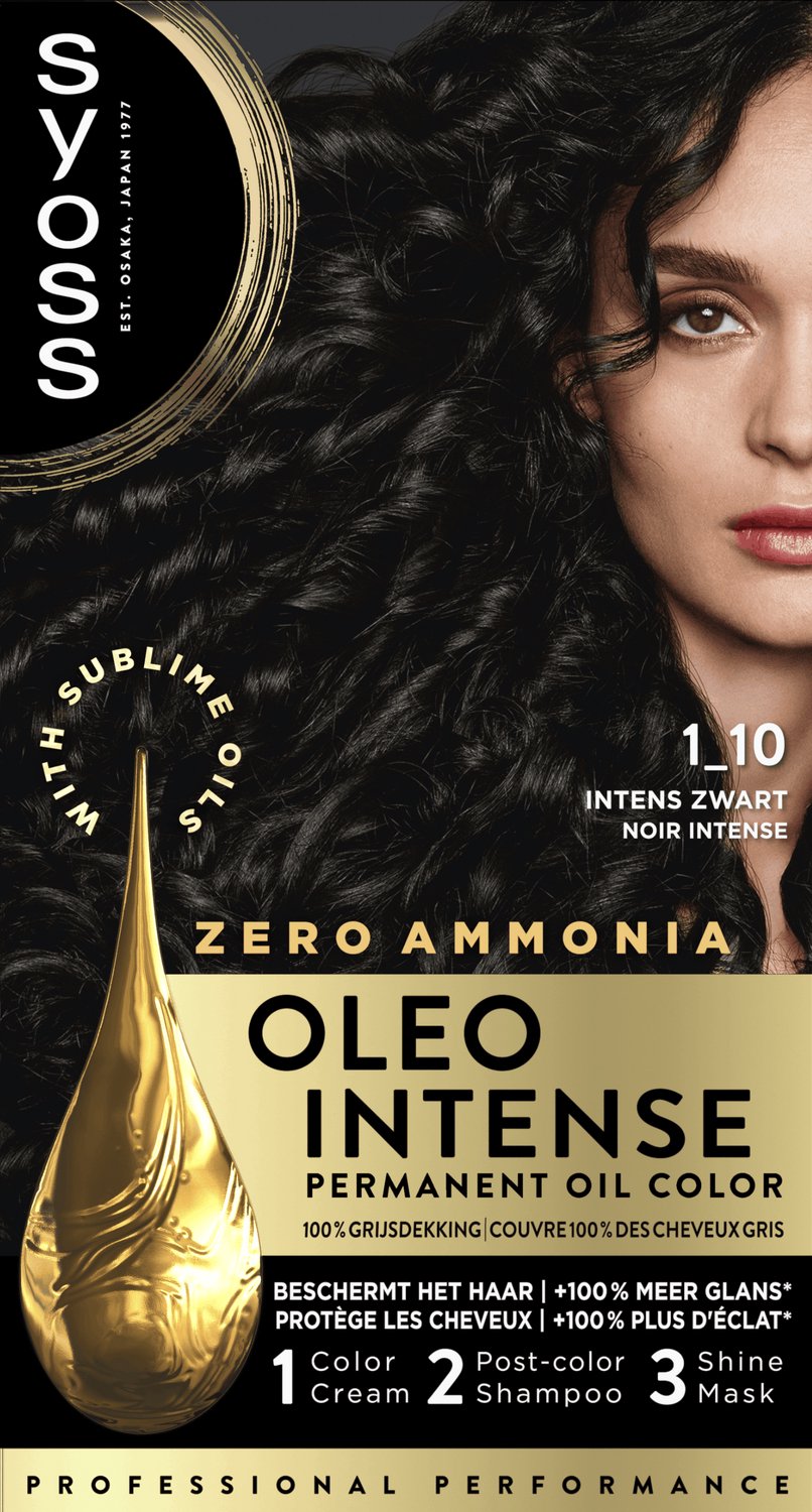 Bol.com Syoss Oleo Intense 1-10 Haarverf - Intens Zwart - Permanente Haarkleuring - Ammoniakvrij - Met Voedende Oliën - 100% Gri... aanbieding
