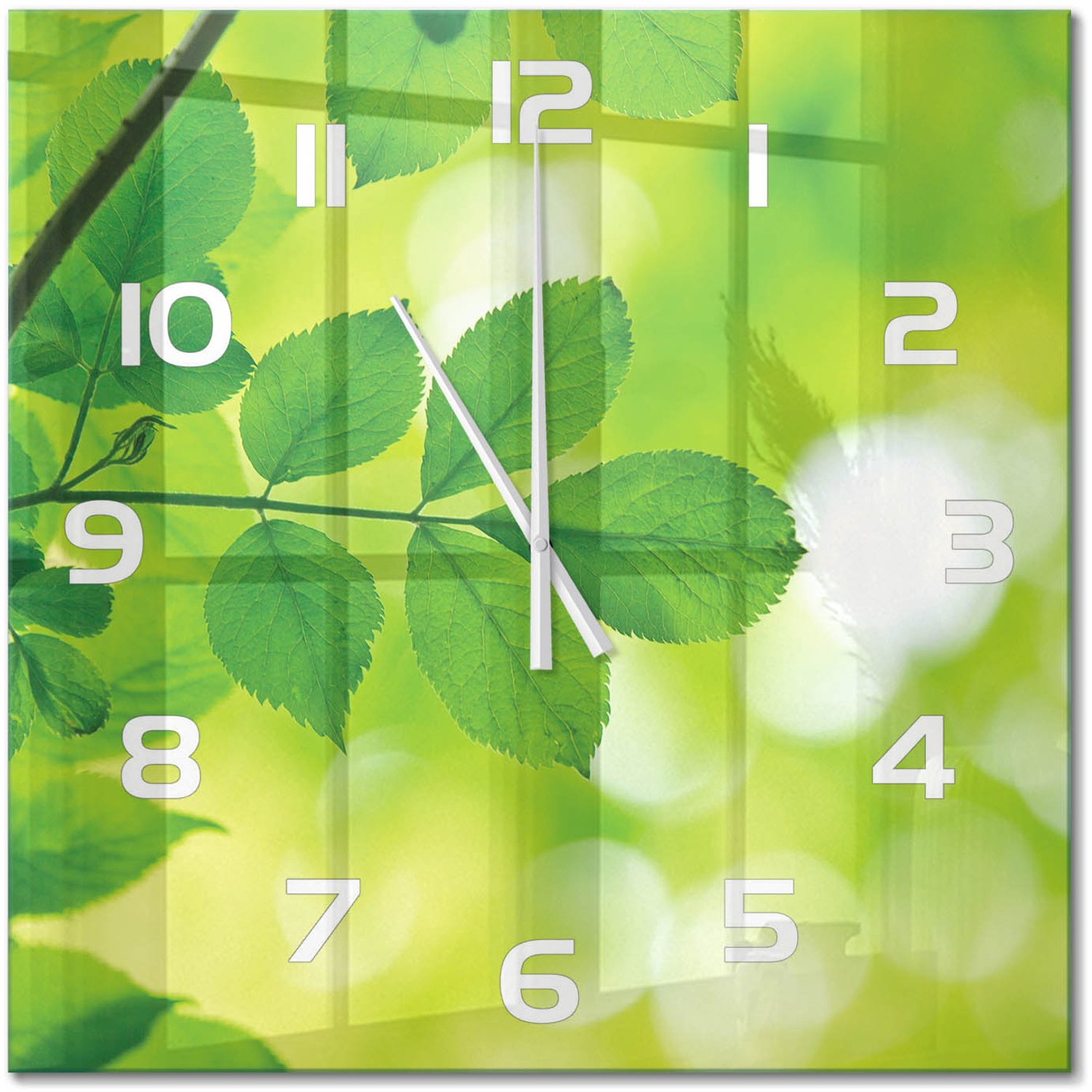 TULUP Wandklok - Groene bladeren Wandklok Glas Met Motief - 60x60 cm - Groente Decoratieve Glazen Klok - Witte handen - Vierkante Klok - Gekleurde Glazen Klok - Glazen Klok Met Print