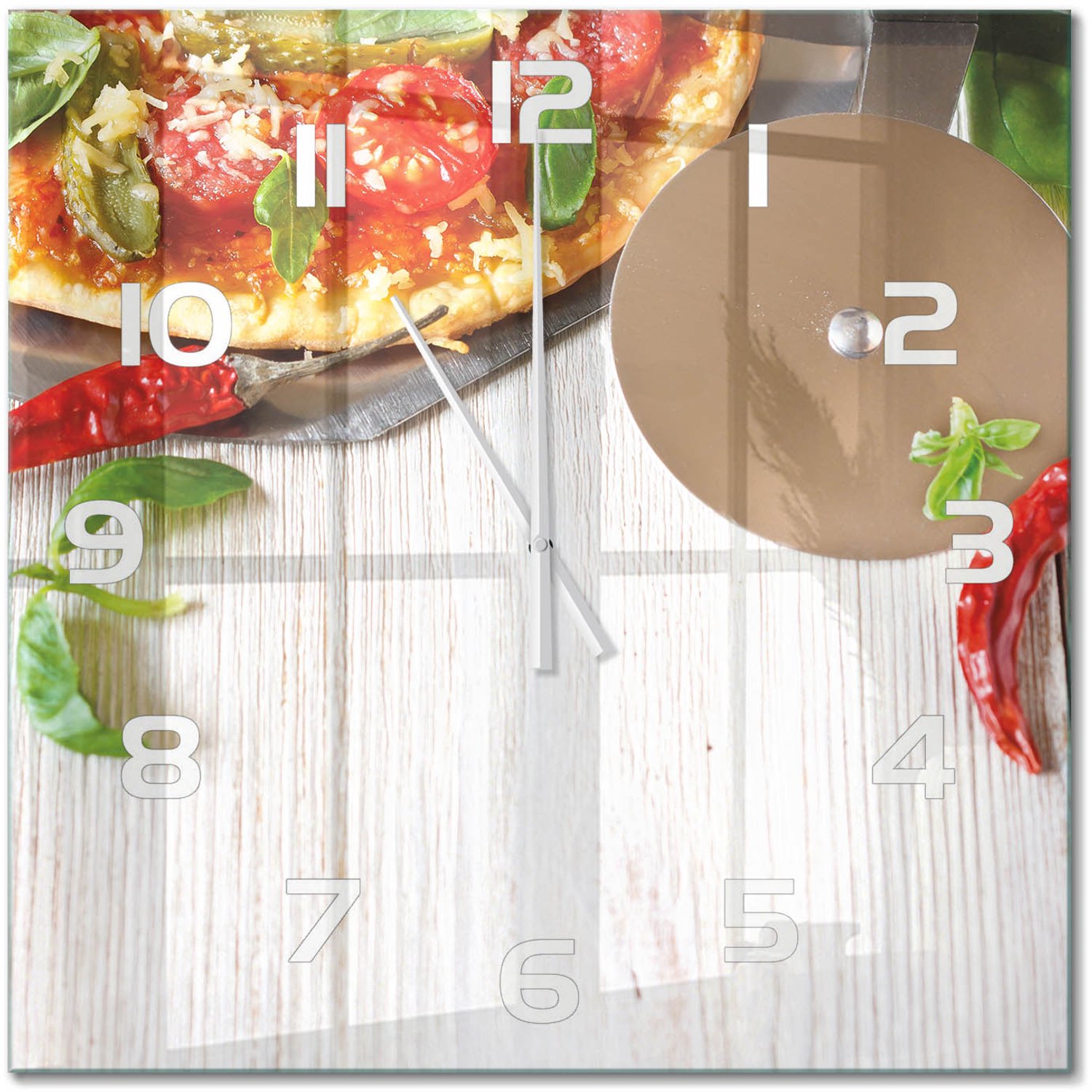 TULUP Wandklok - Pizza Wandklok Glas Decoratie - 60x60 cm - Rood Gekleurde Glazen Klok - Witte handen - Vierkante Klok - Klok Glas Met Opdruk - Moderne Wandklok Glas
