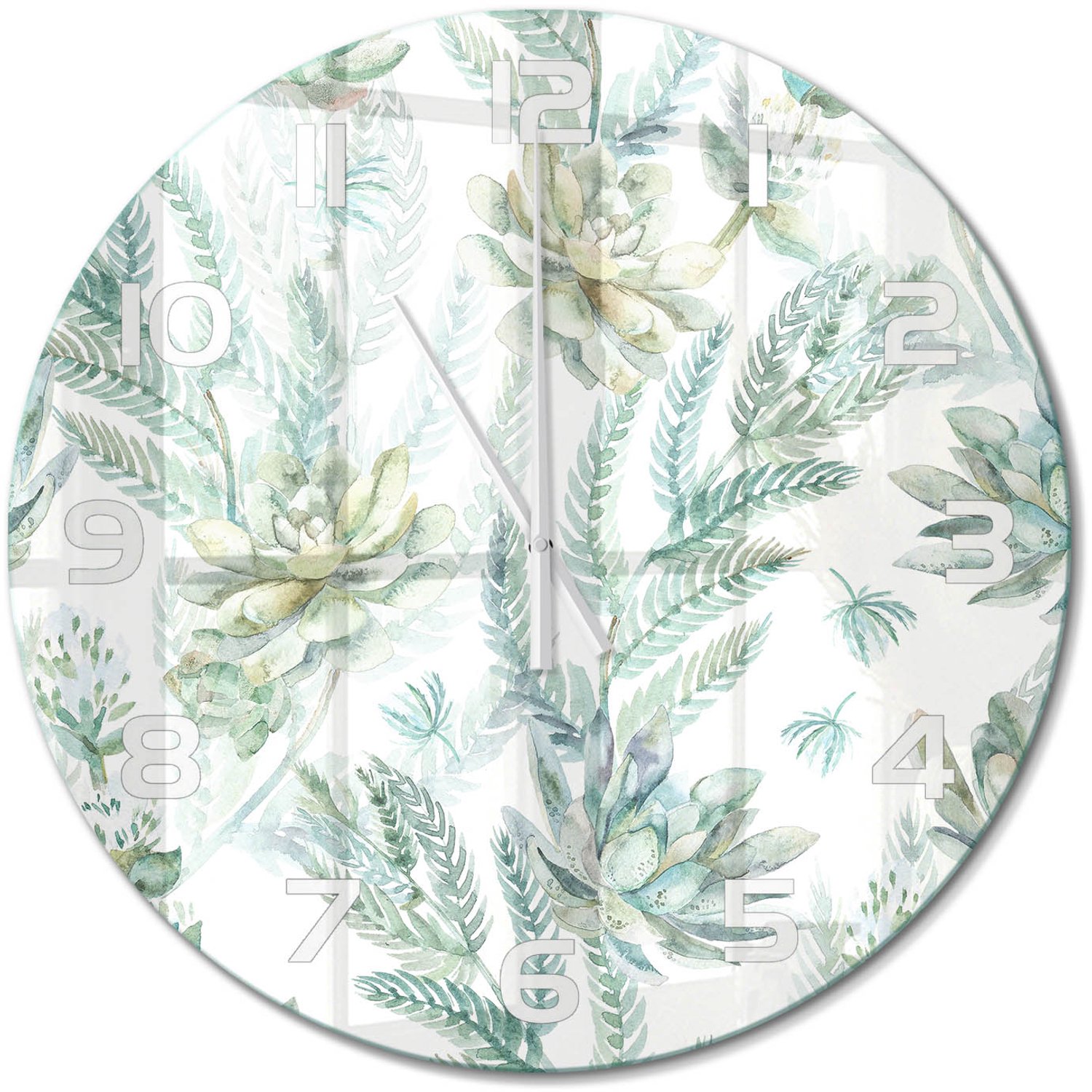 TULUP Wandklok - Bloemen en bladeren Wandklok Glas Met Motief - fi60 cm - Groente Decoratieve Glazen Klok - Witte handen - Ronde Klok - Gekleurde Glazen Klok - Glazen Klok Met Print