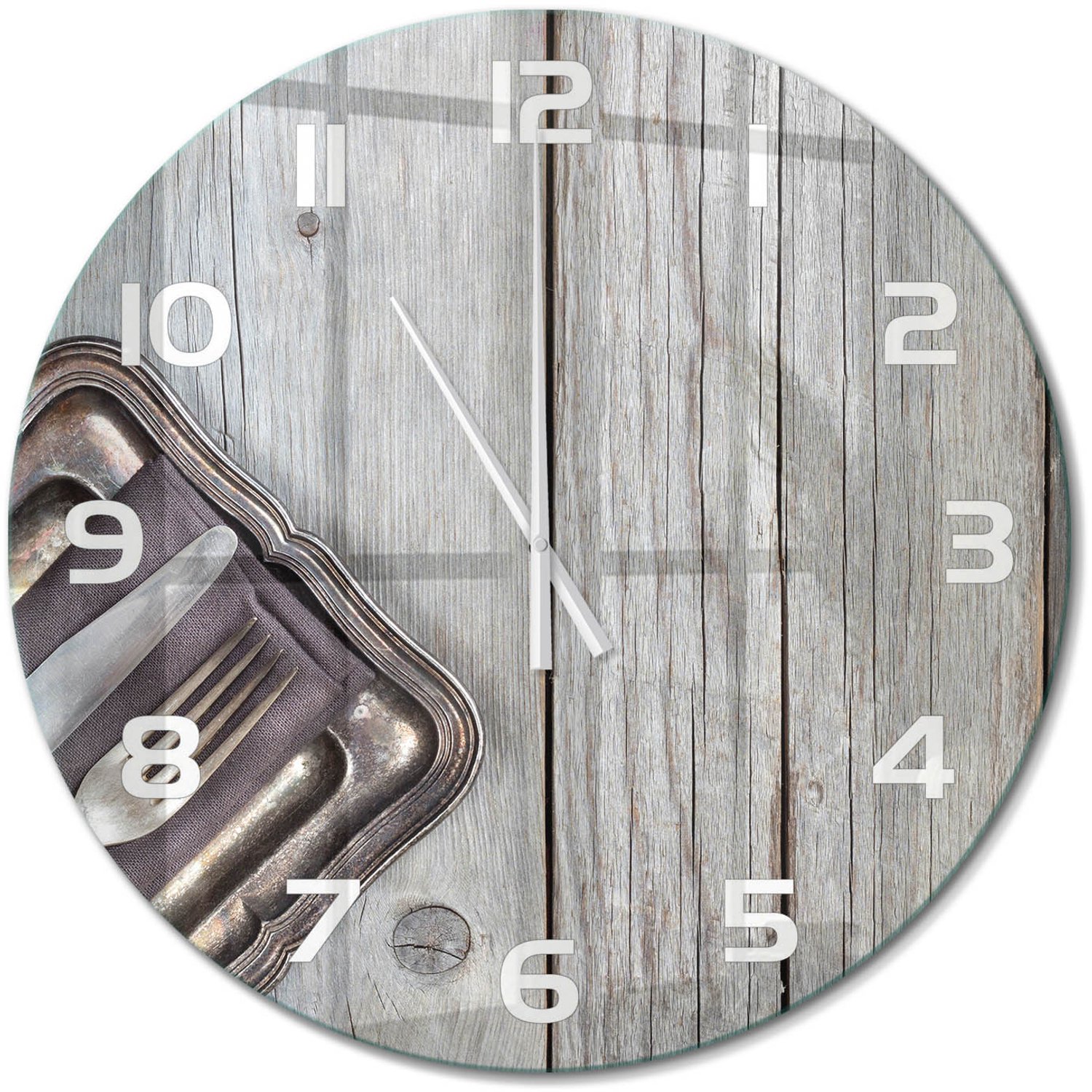 TULUP Wandklok - Bestek op snijplanken Wandklok Glas Met Motief - fi60 cm - Beige Decoratieve Glazen Klok - Witte handen - Ronde Klok - Gekleurde Glazen Klok - Glazen Klok Met Print