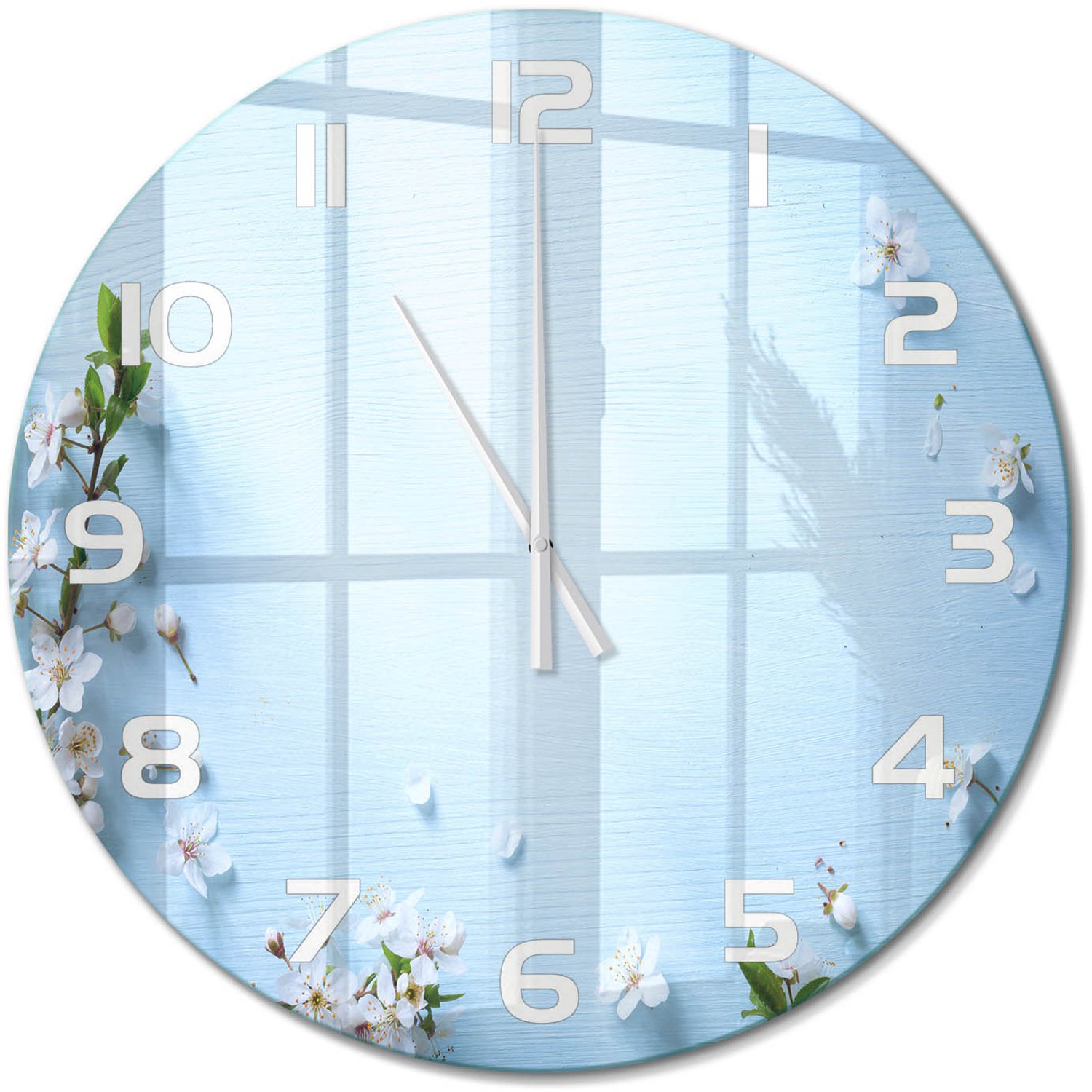 TULUP Wandklok - Achtergrond met kersenbloesem Moderne Wandklok Glas - fi60 cm - Blauw Wandklok Glas Decoratie - Witte handen - Ronde Klok - Glazen Wandklok Design - Klok Glas Met Opdruk