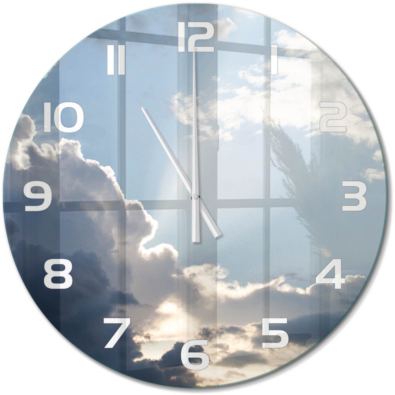 TULUP Wandklok - Wolken aan de hemel Decoratieve Glazen Klok - fi60 cm - Blauw Glazen Wandklok Design - Witte handen - Ronde Klok - Glazen Klok Met Print - Wandklok Glas Met Motief