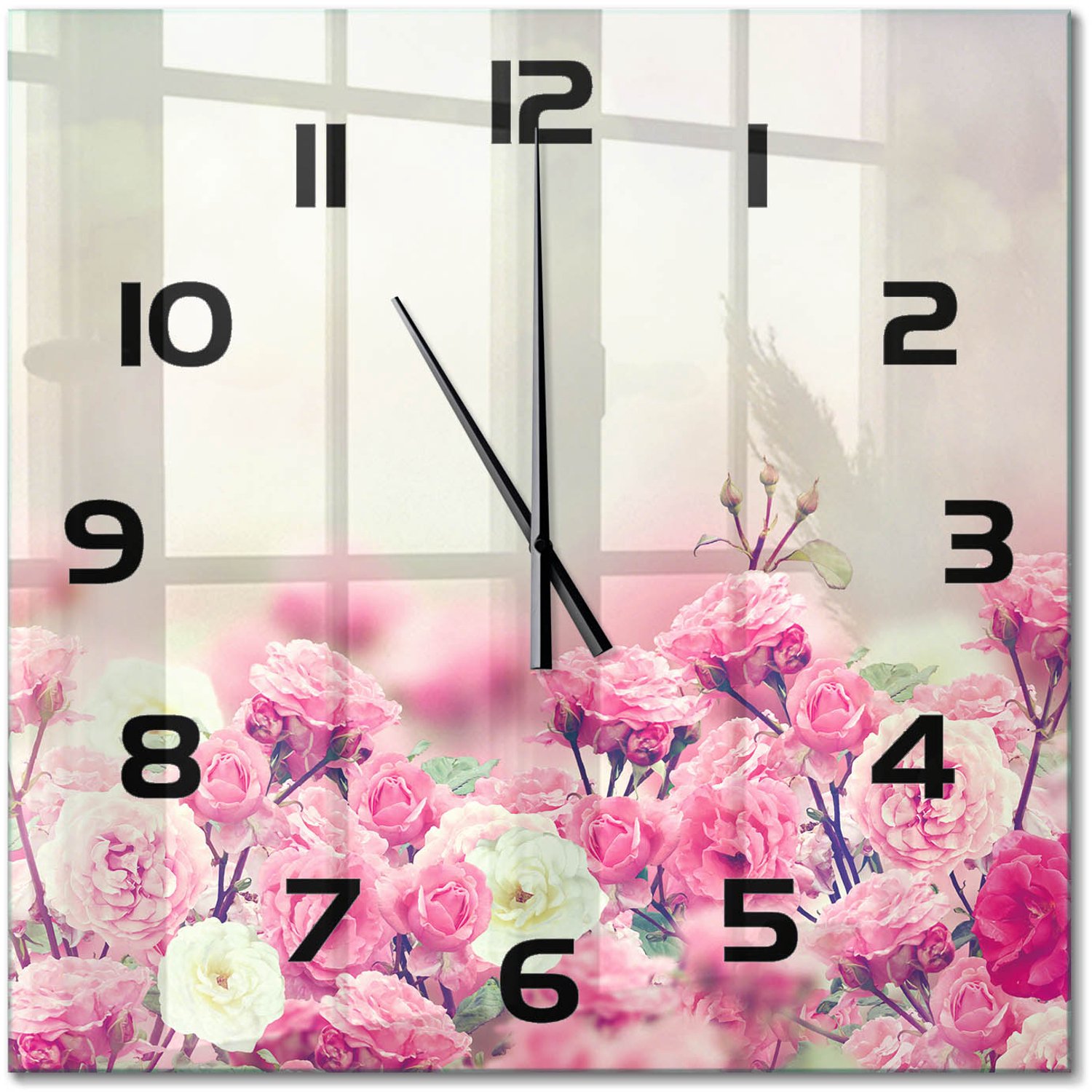TULUP Wandklok - Wilde rozenbloemen Glazen Klok Met Print - 60x60 cm - Roze Wandklok Glas Met Motief - Zwarte handen - Vierkante Klok - Wandklok Glas Decoratie - Gekleurde Glazen Klok