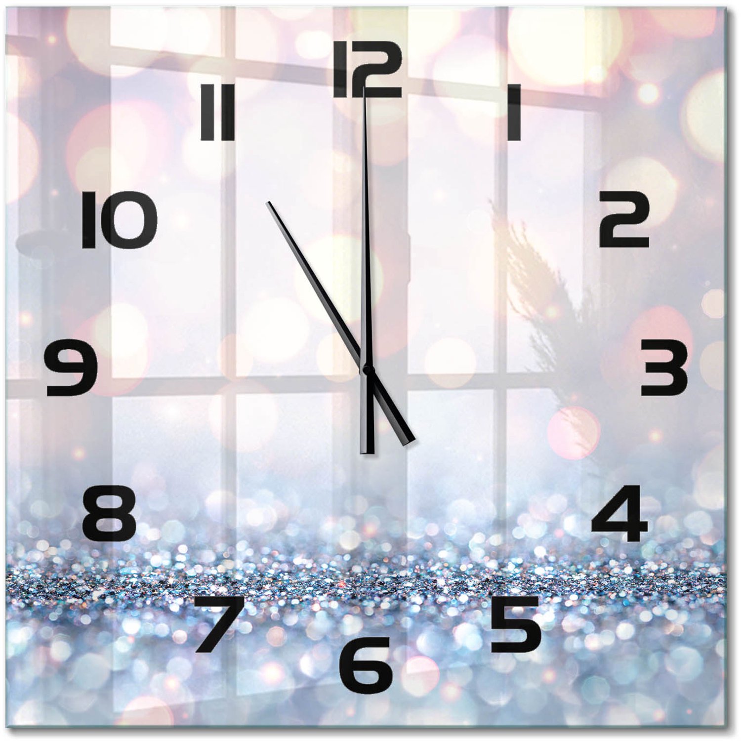 TULUP Wandklok - Glanzende achtergrond Decoratieve Glazen Klok - 60x60 cm - Zilver Glazen Wandklok Design - Zwarte handen - Vierkante Klok - Glazen Klok Met Print - Wandklok Glas Met Motief